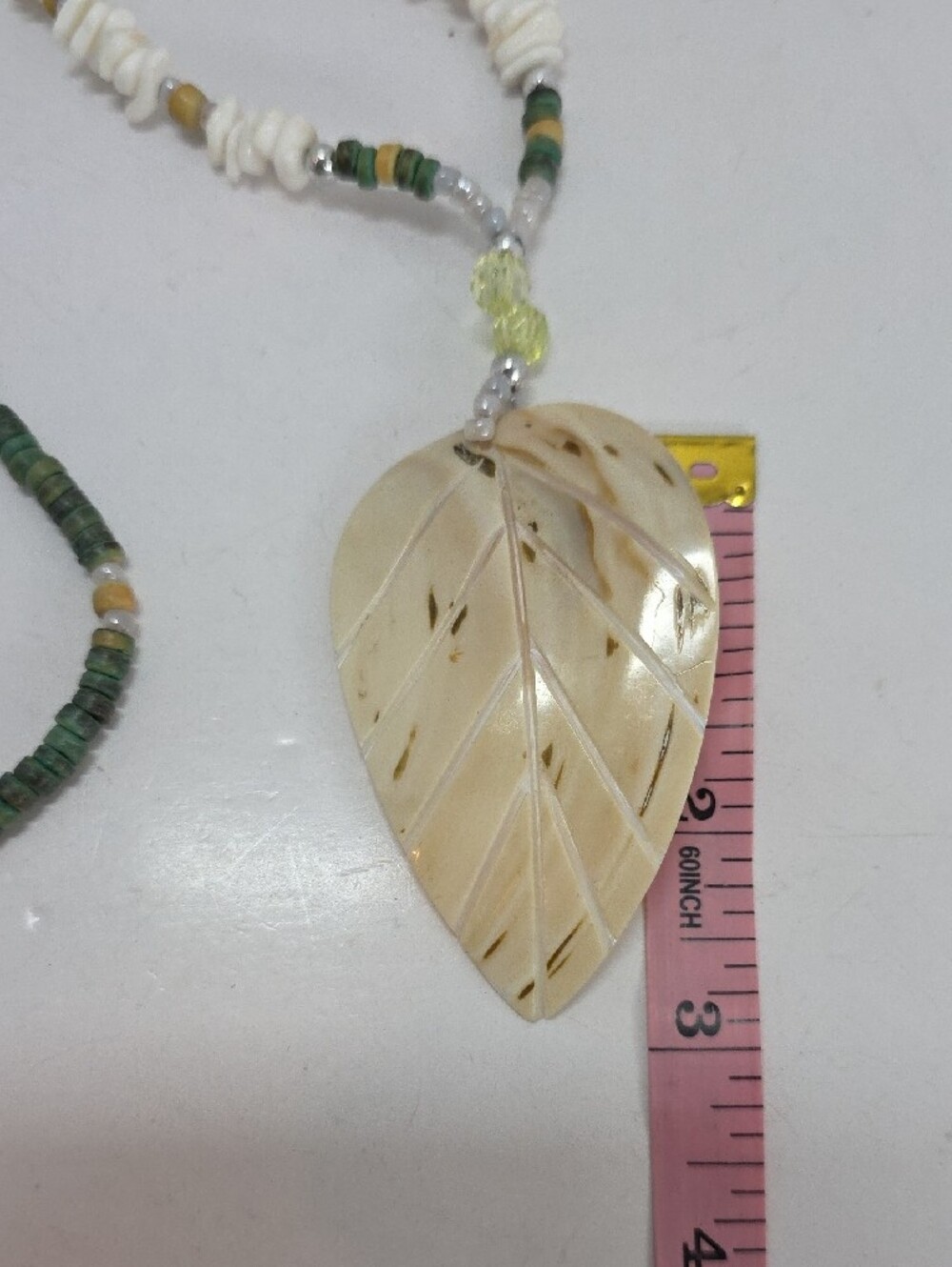 Hand Crafted Green, White and Beige Leaf Pendant Necklace - Picture 7 of 10